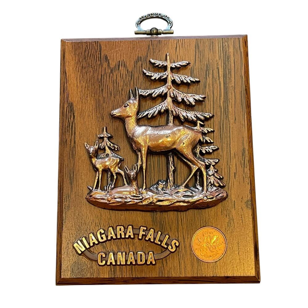 Vintage Niagara Falls Canada Deer Plaque 1999 Penny Wood Wall Decor Souvenir